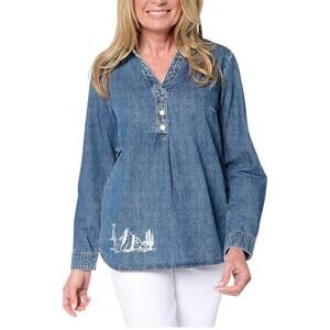 Denim & Co. Women's Canyon Retreat Placed Print Denim Shirt RiverWsh - Regular
